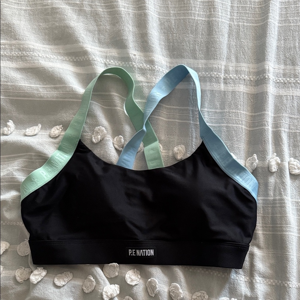 P.E Nation Black Sports Bra with Mint and Light Blue Straps